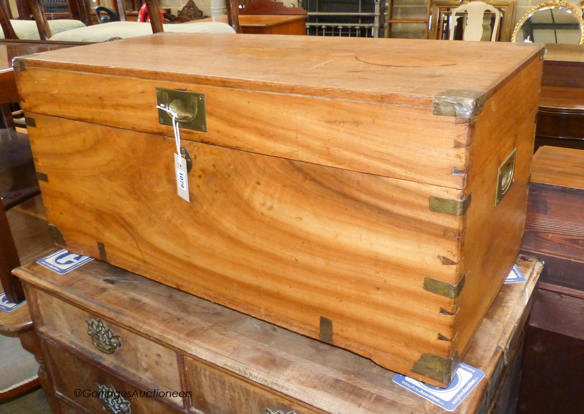 A small 19th century camphorwood trunk, fitted candle box to interior. W-83, D-39, H-41cm. W 83cm